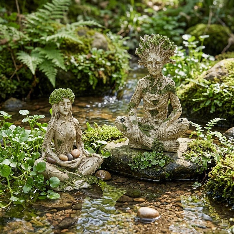 Mother Earth & Forest God Tree Root Meditating Statue, Resin Garden Decor Figurines (2 Styles)