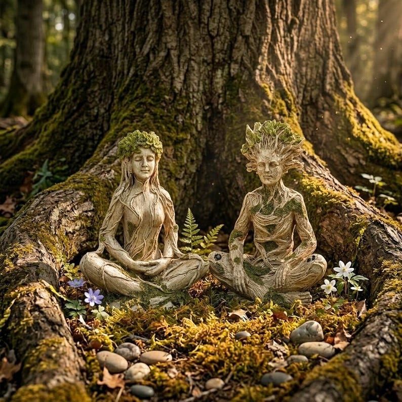 Mother Earth & Forest God Tree Root Meditating Statue, Resin Garden Decor Figurines (2 Styles)