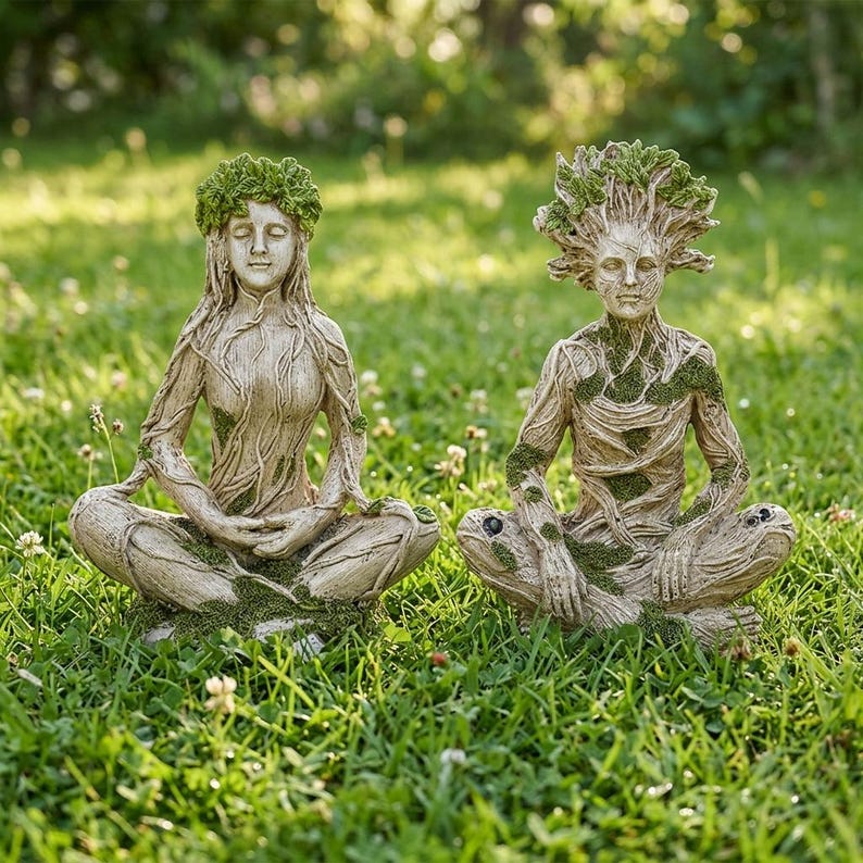 Mother Earth & Forest God Tree Root Meditating Statue, Resin Garden Decor Figurines (2 Styles)