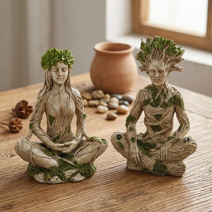 Mother Earth & Forest God Tree Root Meditating Statue, Resin Garden Decor Figurines (2 Styles)